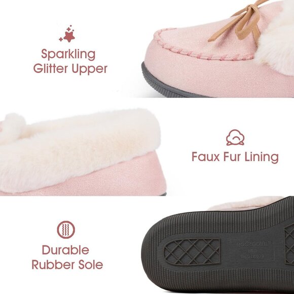 Women's Glittered Moccasin Faux Fur Lining Wrap Rubber Sole Pink Slipper Bootie - Picture 3 of 6